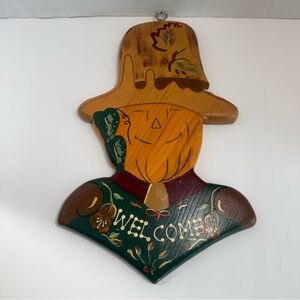 Vtg Hand Painted Wood Hanging Welcome Sign, Fall Scarecrow, Mexico Artist Signed